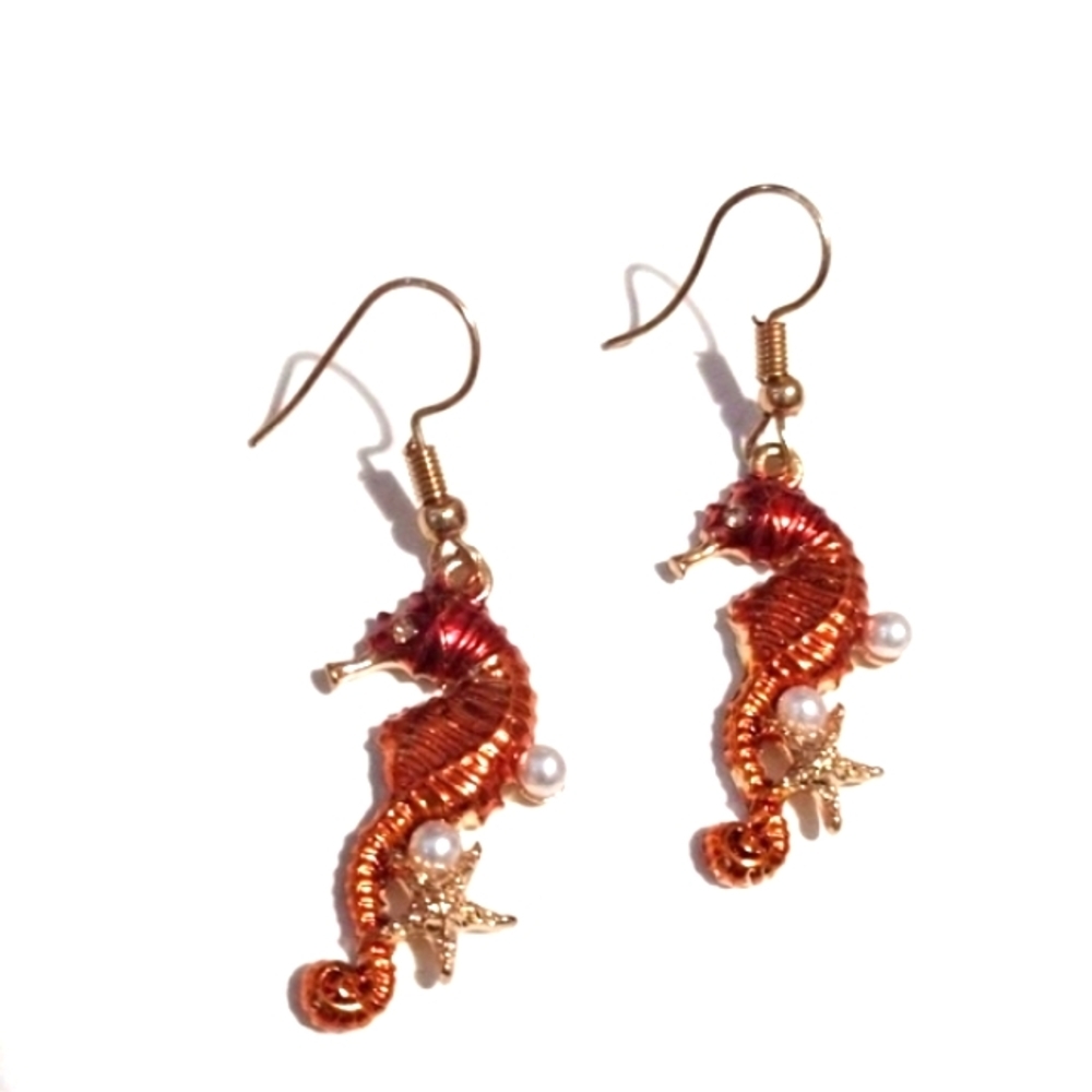 SEAHORSE SHIMMERY ORANGE/RED ENAMEL GOLD-TONE DROP DANGLE HOOK 1.8" EARRINGS